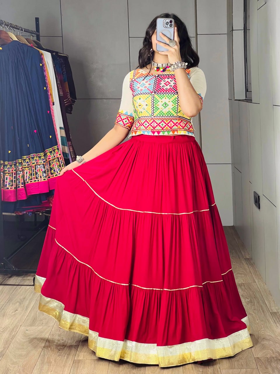 Gajari Pink Pure Rayon Cotton Multi Coloured Frilled Kali With Gota Work Navratri Lehenga Choli