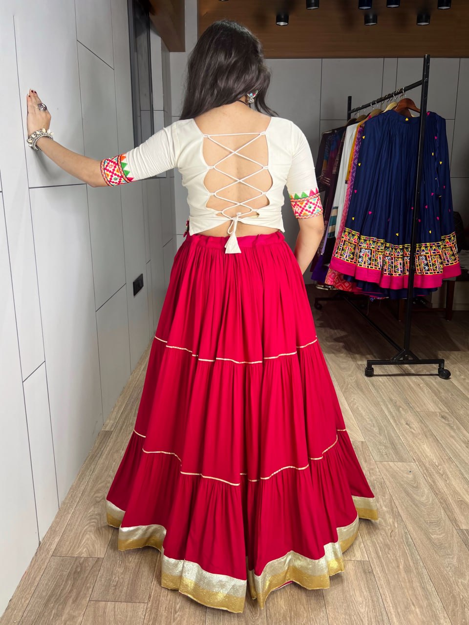 Gajari Pink Pure Rayon Cotton Multi Coloured Frilled Kali With Gota Work Navratri Lehenga Choli