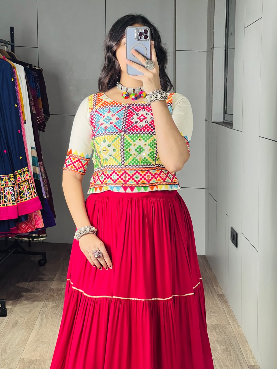 Gajari Pink Pure Rayon Cotton Multi Coloured Frilled Kali With Gota Work Navratri Lehenga Choli