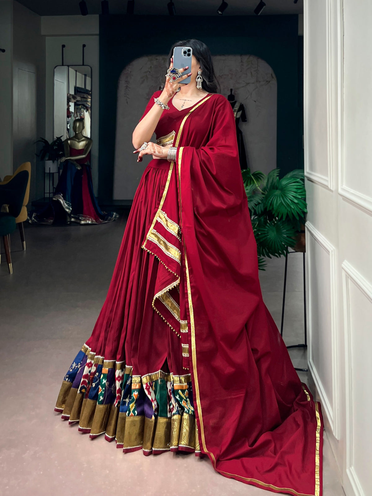 Multi Pure Reyon Cotton Printed Border with Embossed Work Navratri Lehenga Choli