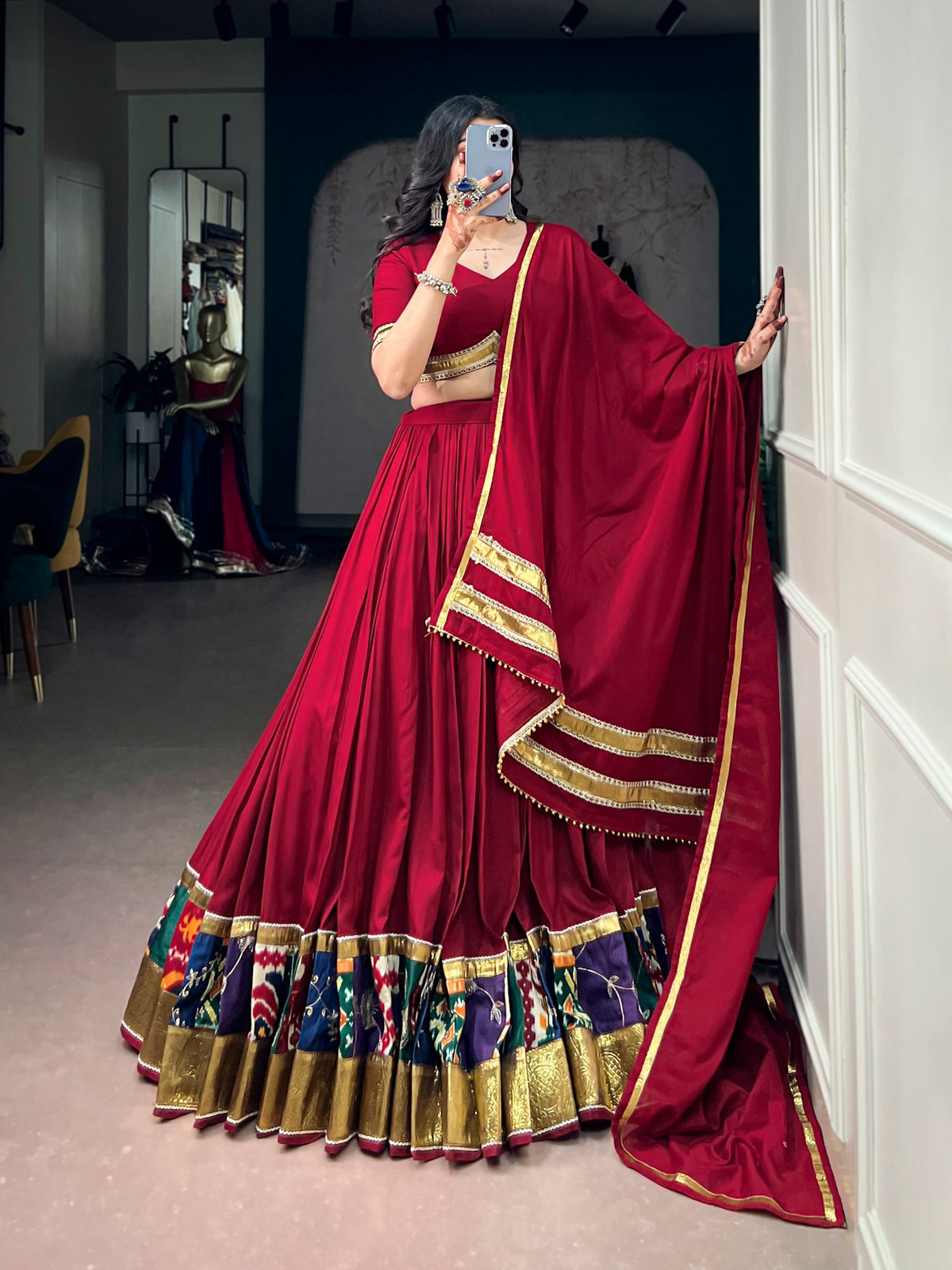 Multi Pure Reyon Cotton Printed Border with Embossed Work Navratri Lehenga Choli