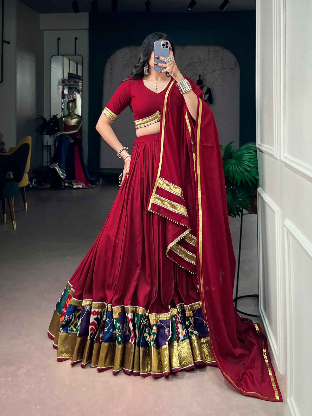 Multi Pure Reyon Cotton Printed Border with Embossed Work Navratri Lehenga Choli