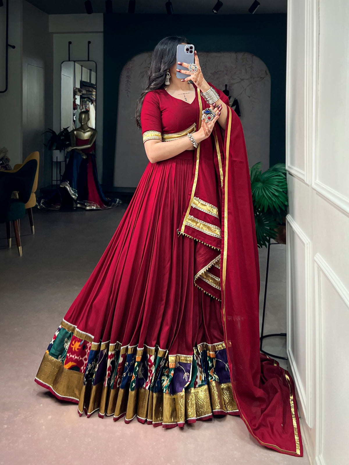 Multi Pure Reyon Cotton Printed Border with Embossed Work Navratri Lehenga Choli