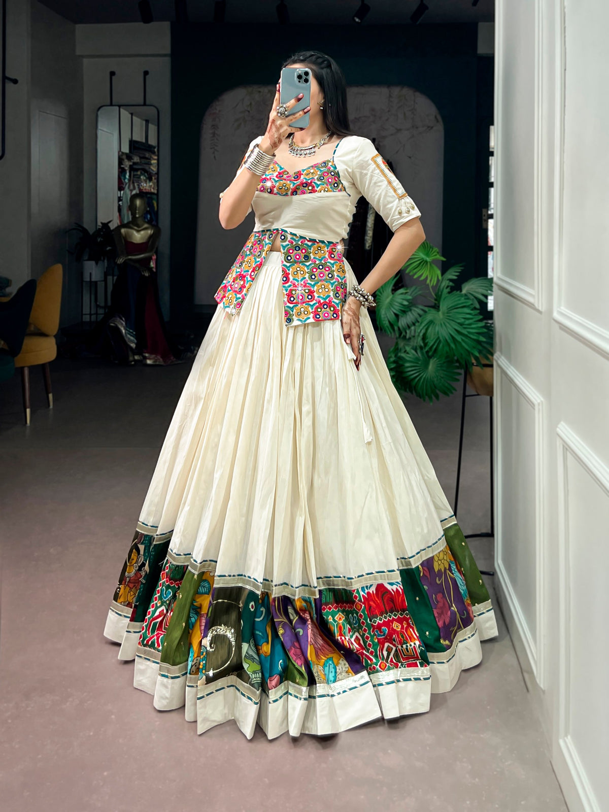 White Pure Reyon Cotton Printed 07 Mtr with Embossed Work Navratri Lehenga Choli