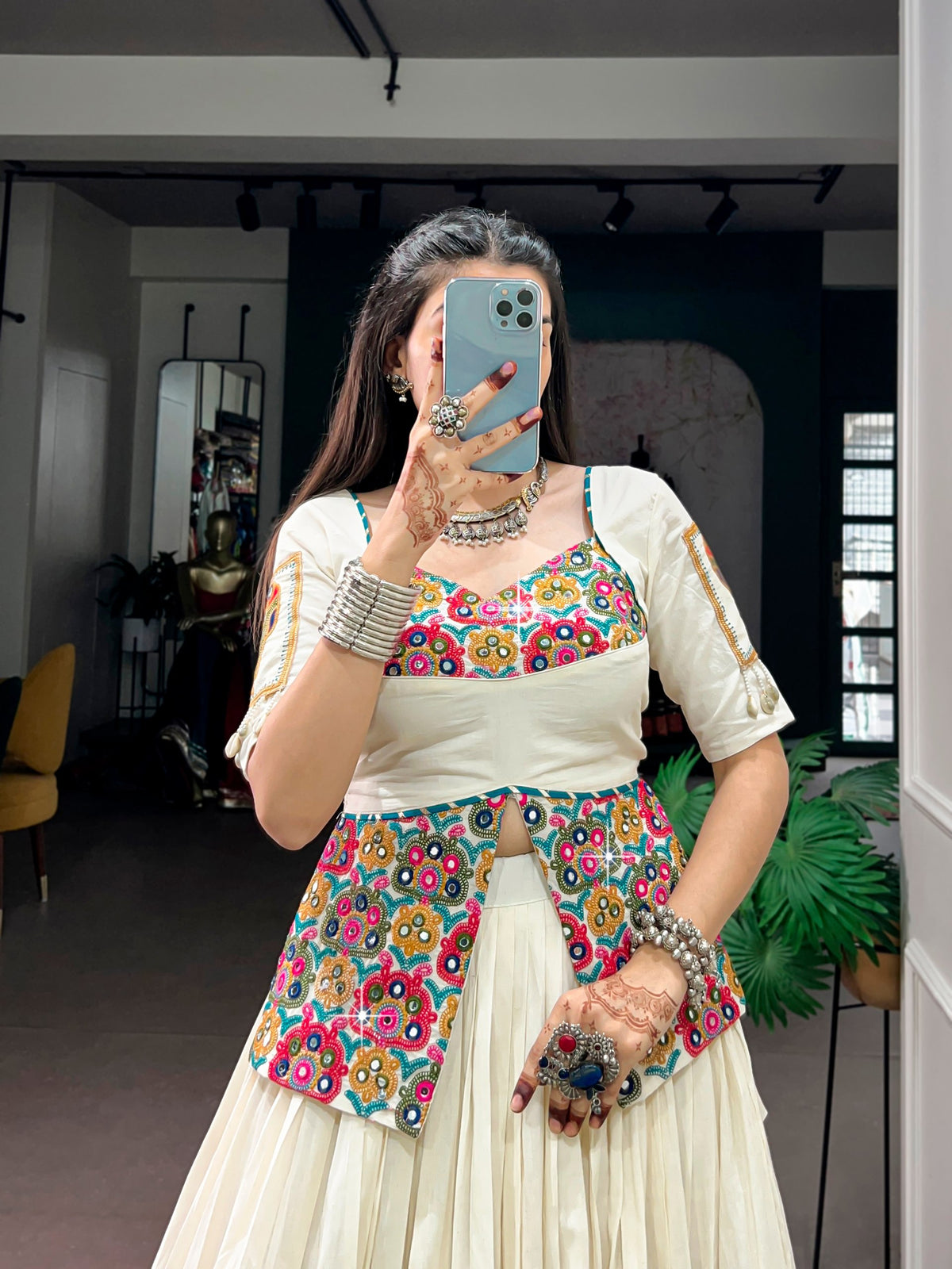 White Pure Reyon Cotton Printed 07 Mtr with Embossed Work Navratri Lehenga Choli