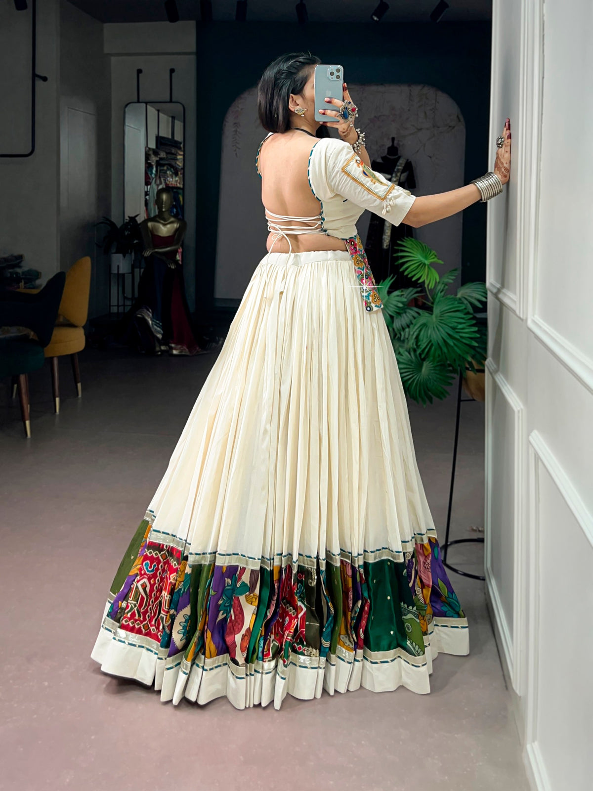 White Pure Reyon Cotton Printed 07 Mtr with Embossed Work Navratri Lehenga Choli