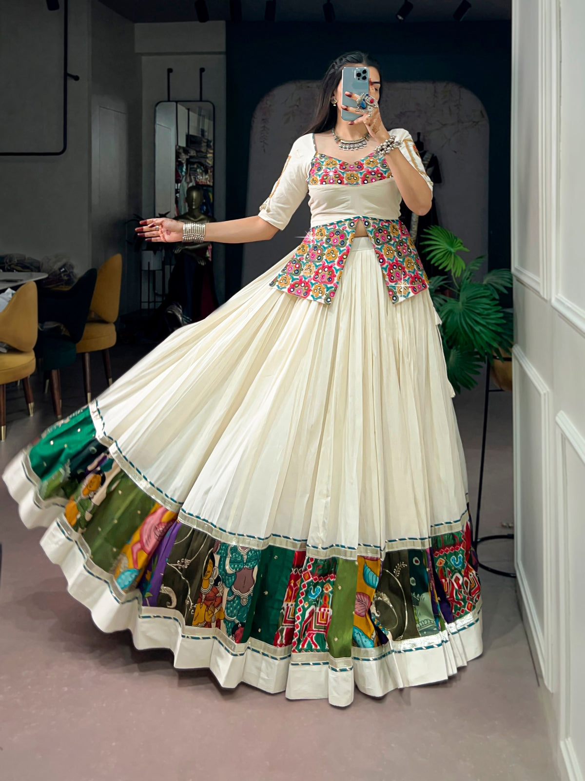 White Pure Reyon Cotton Printed 07 Mtr with Embossed Work Navratri Lehenga Choli