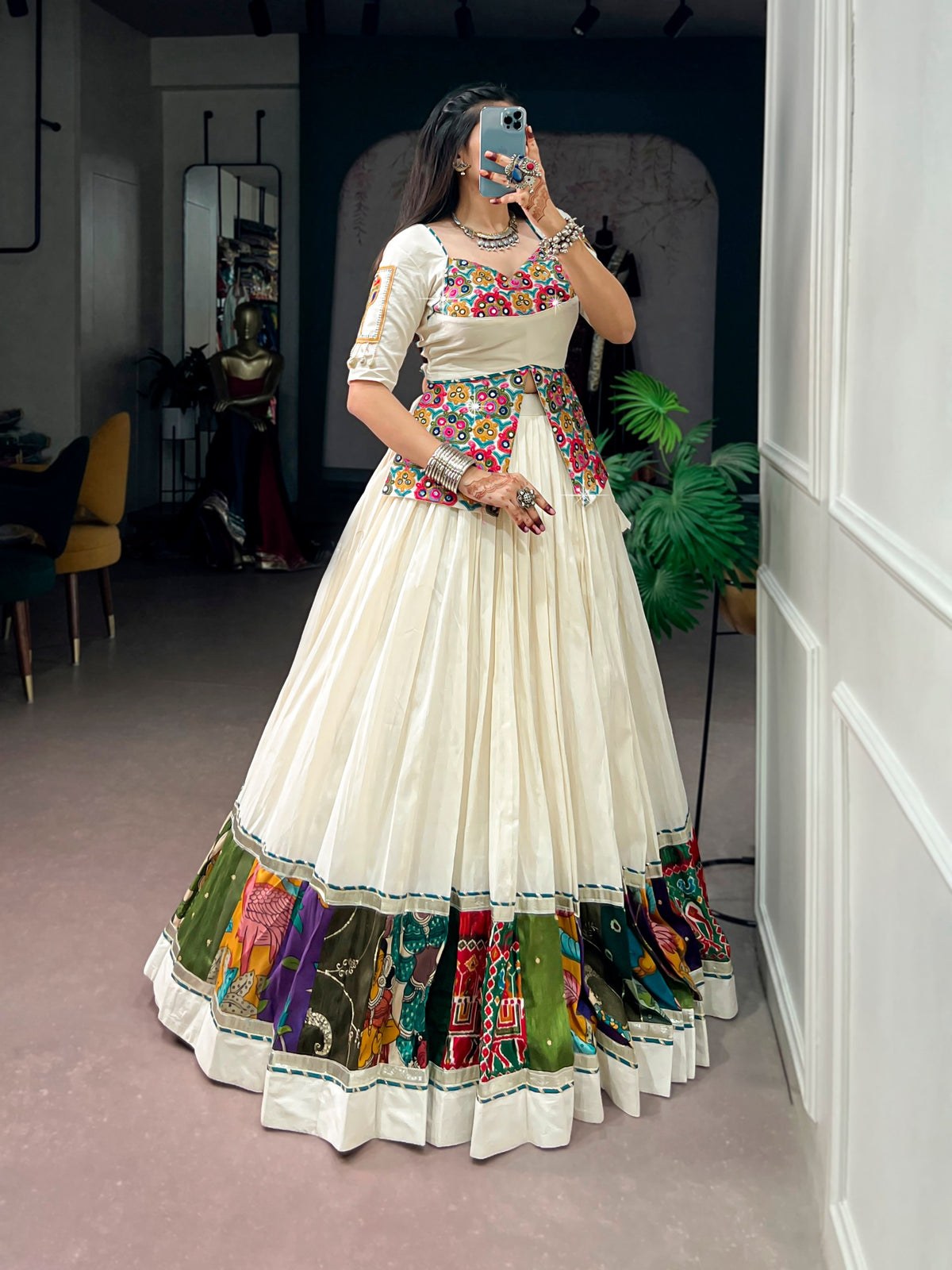 White Pure Reyon Cotton Printed 07 Mtr with Embossed Work Navratri Lehenga Choli