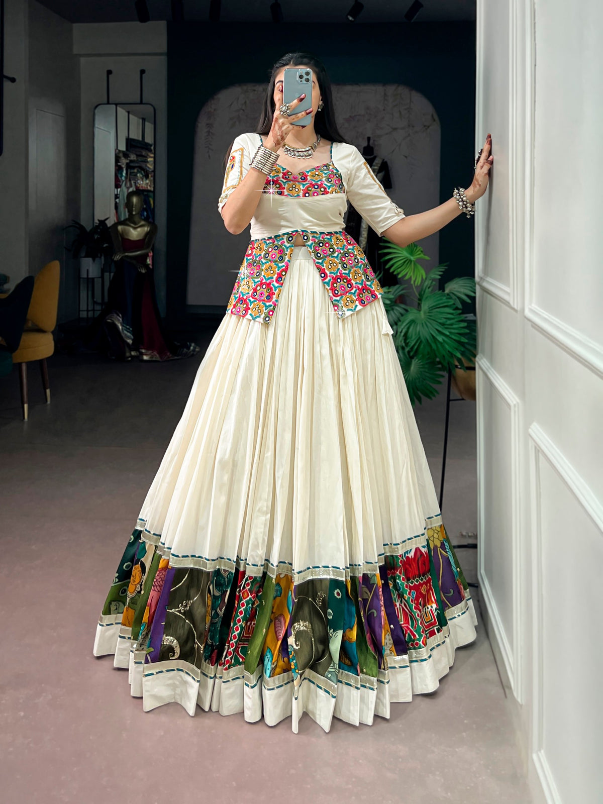 White Pure Reyon Cotton Printed 07 Mtr with Embossed Work Navratri Lehenga Choli