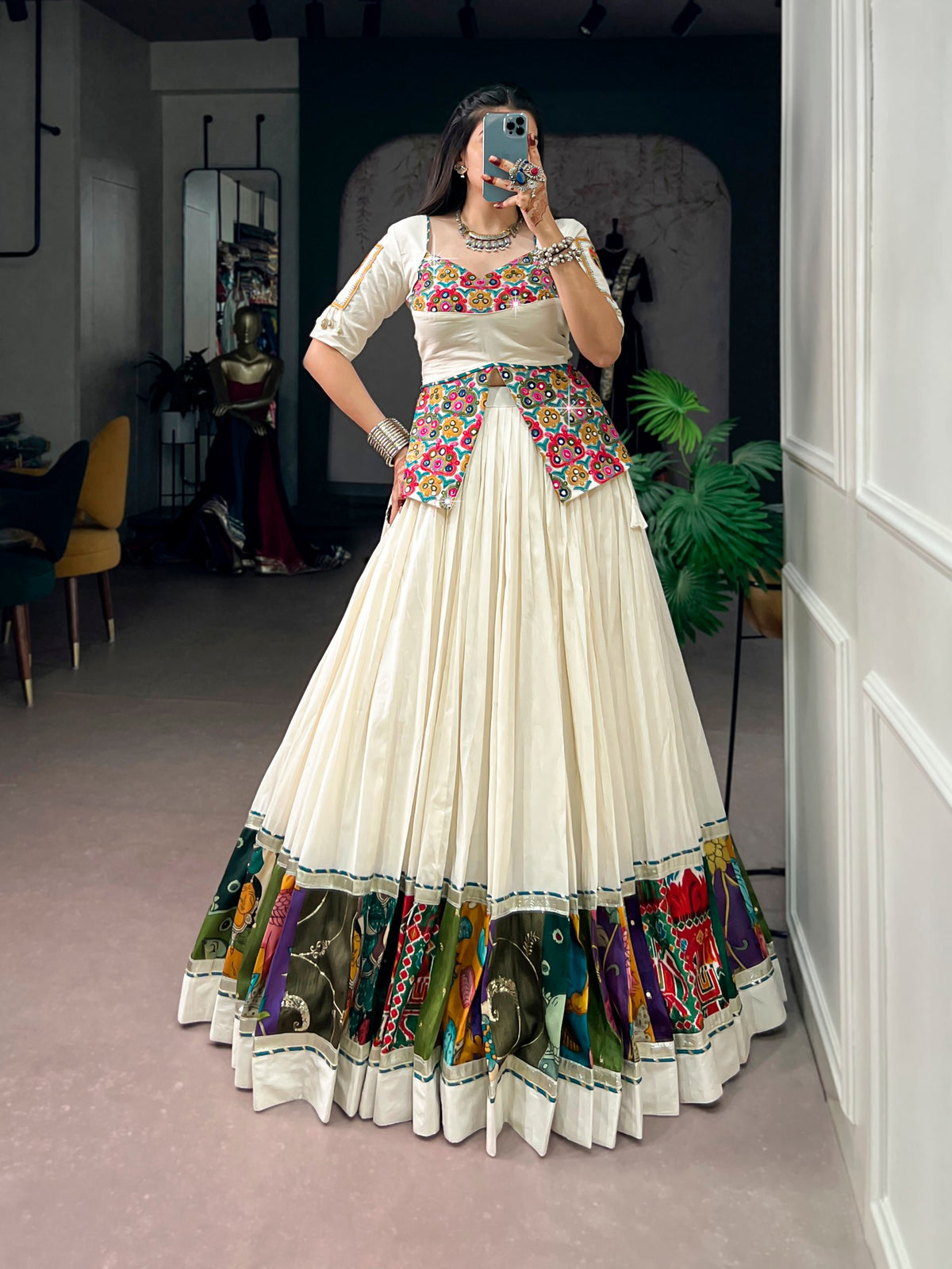 White Pure Reyon Cotton Printed 07 Mtr with Embossed Work Navratri Lehenga Choli