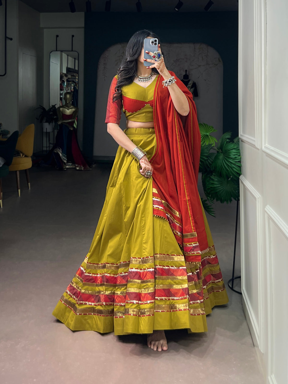 Olive Pure Reyon Cotton Printed 06 Mtr with Embossed Work Navratri Lehenga Choli