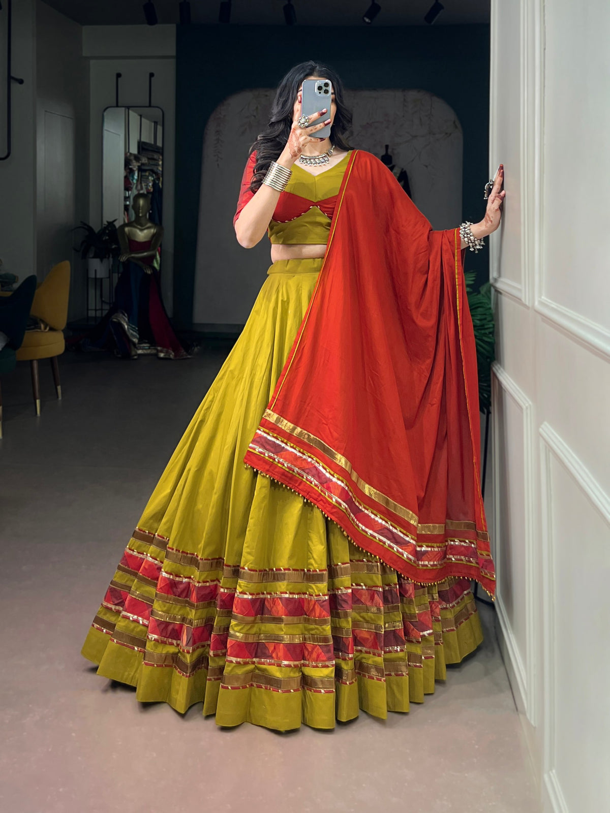 Olive Pure Reyon Cotton Printed 06 Mtr with Embossed Work Navratri Lehenga Choli