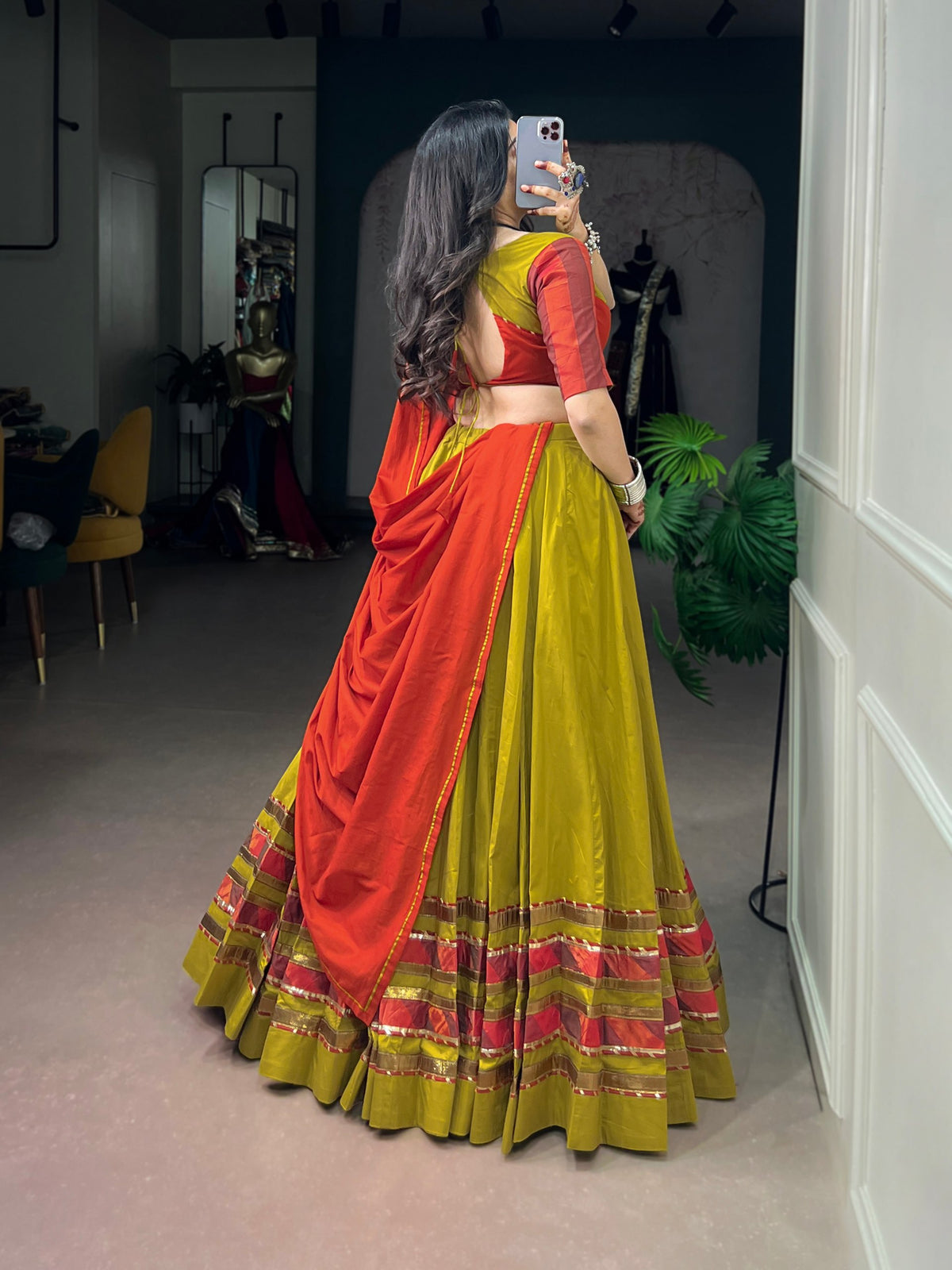 Olive Pure Reyon Cotton Printed 06 Mtr with Embossed Work Navratri Lehenga Choli
