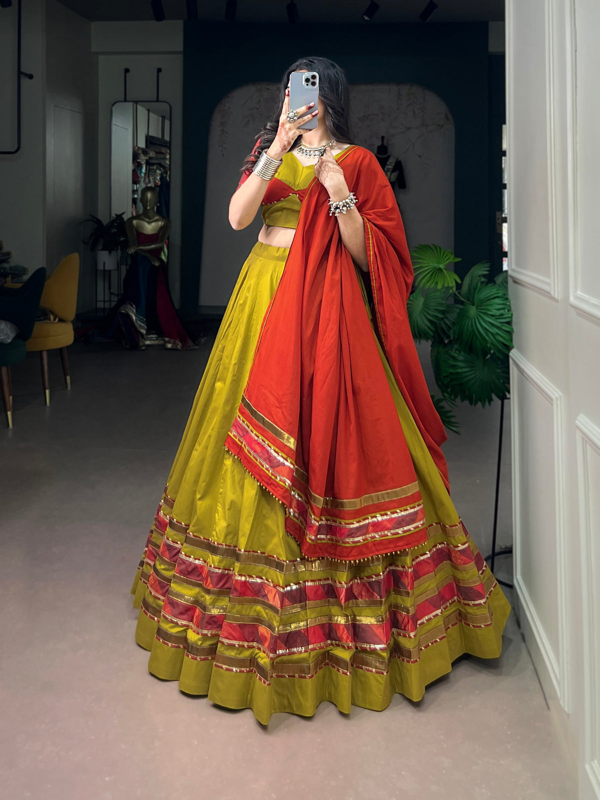 Olive Pure Reyon Cotton Printed 06 Mtr with Embossed Work Navratri Lehenga Choli