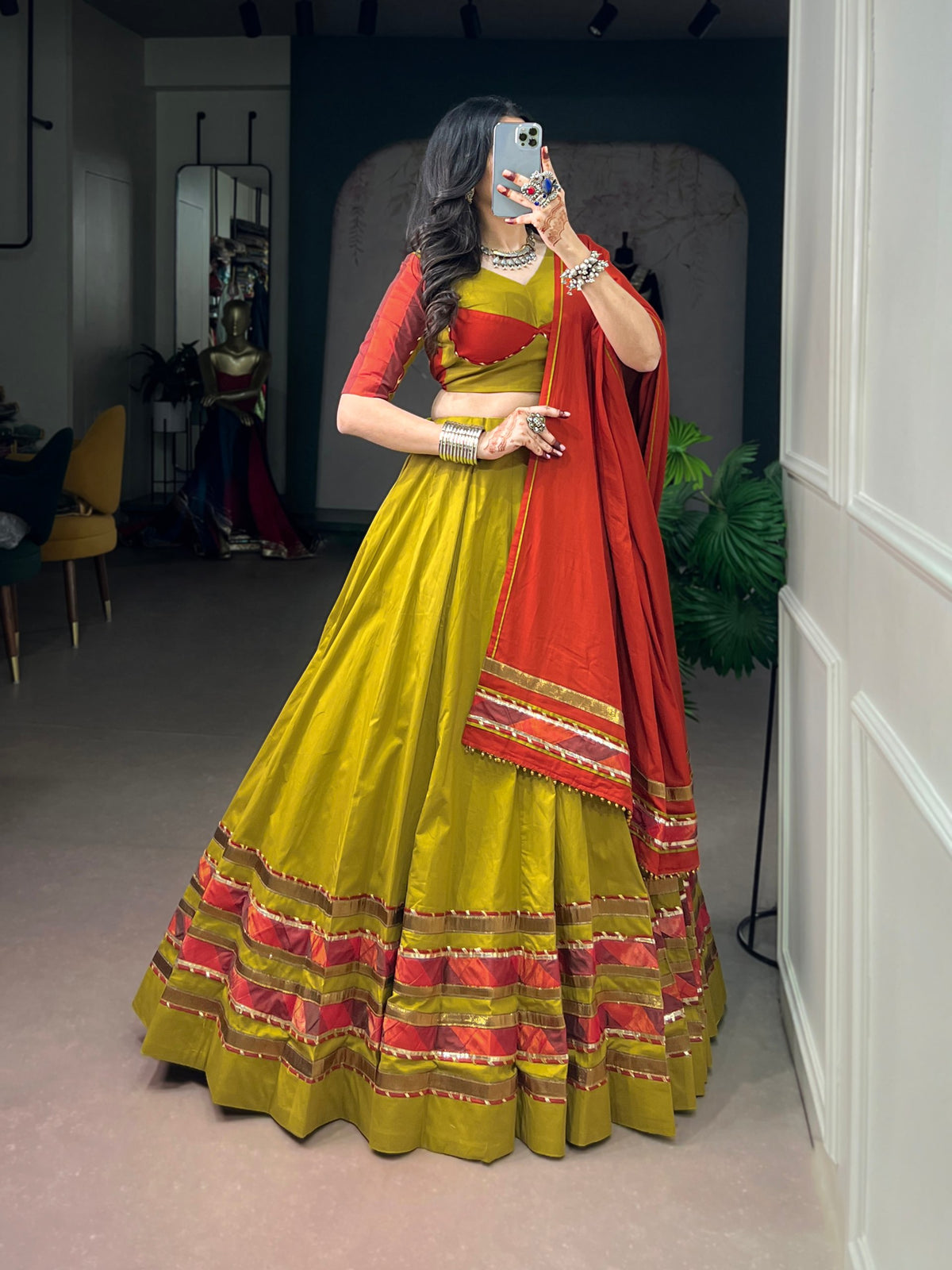 Olive Pure Reyon Cotton Printed 06 Mtr with Embossed Work Navratri Lehenga Choli