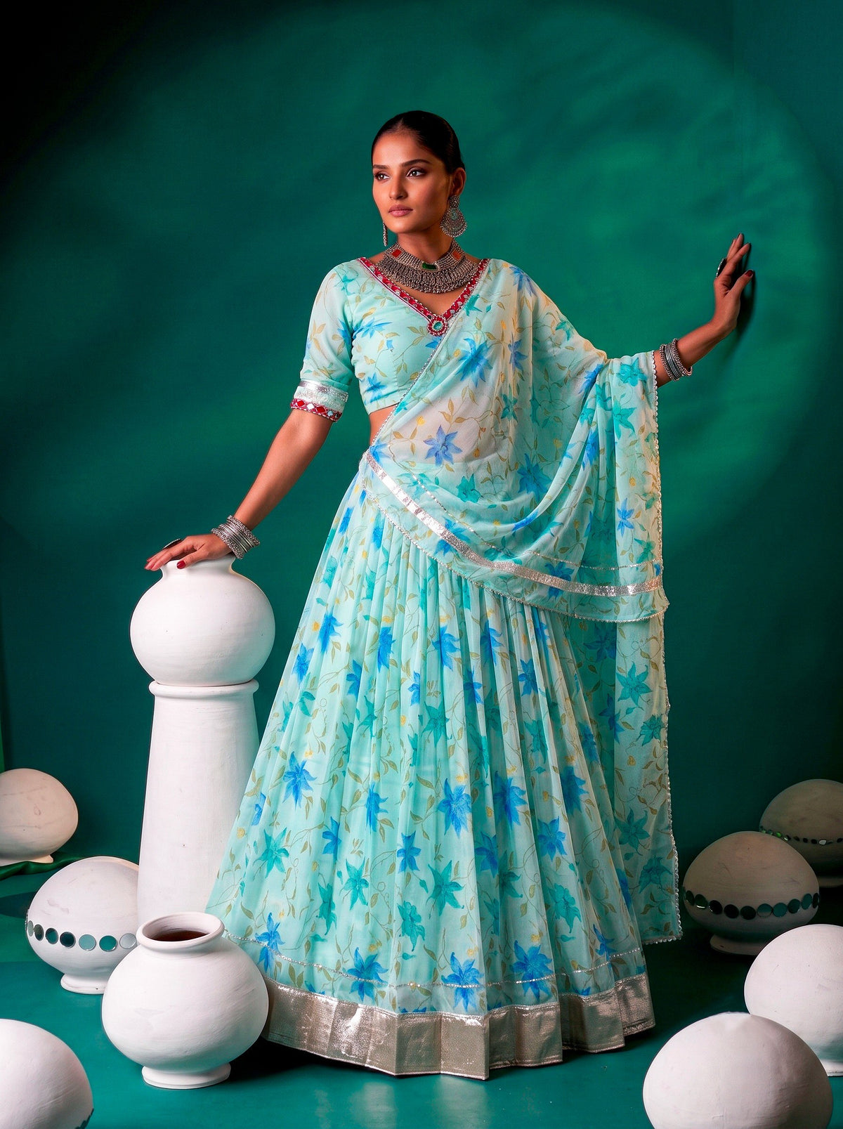 Sky Pure Tabby Silk Floral Print With Embossed Work Navratri Lehenga Choli