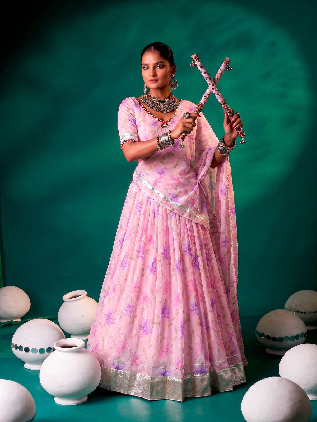 Pink Pure Tabby Silk Floral Print With Embossed Work Navratri Lehenga Choli
