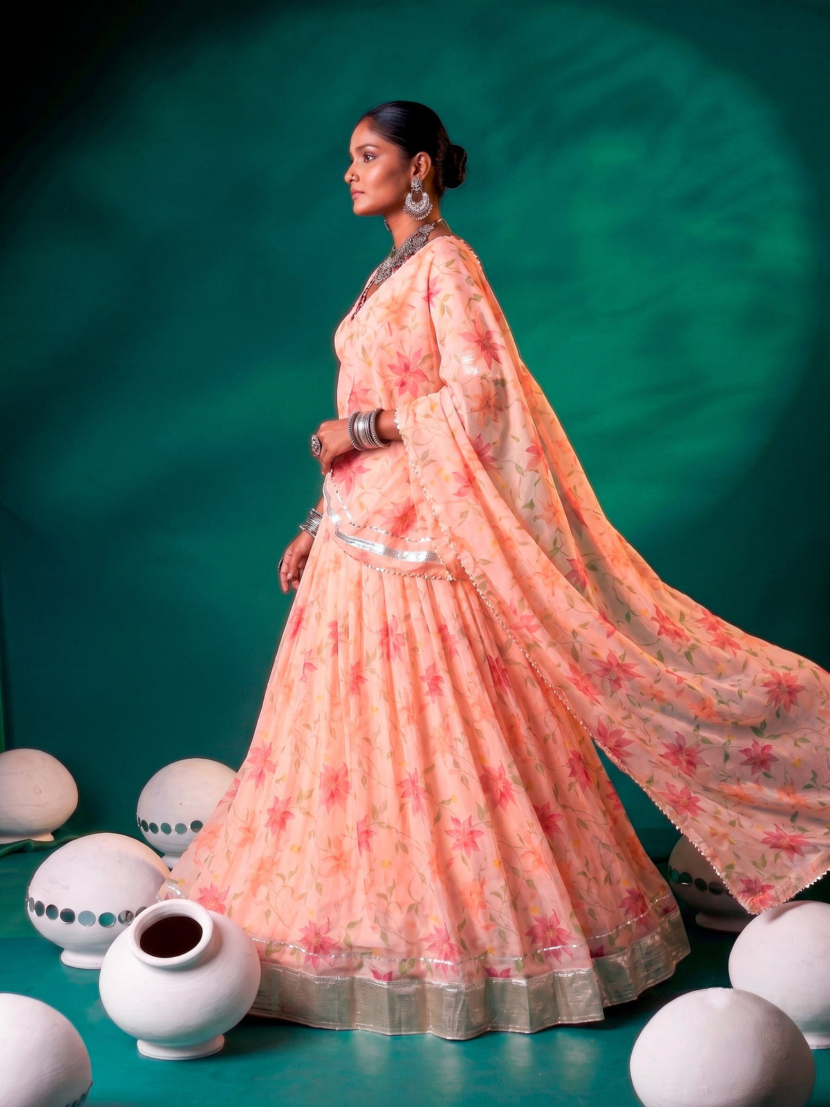 Peach Pure Tabby Silk Floral Print With Embossed Work Navratri Lehenga Choli