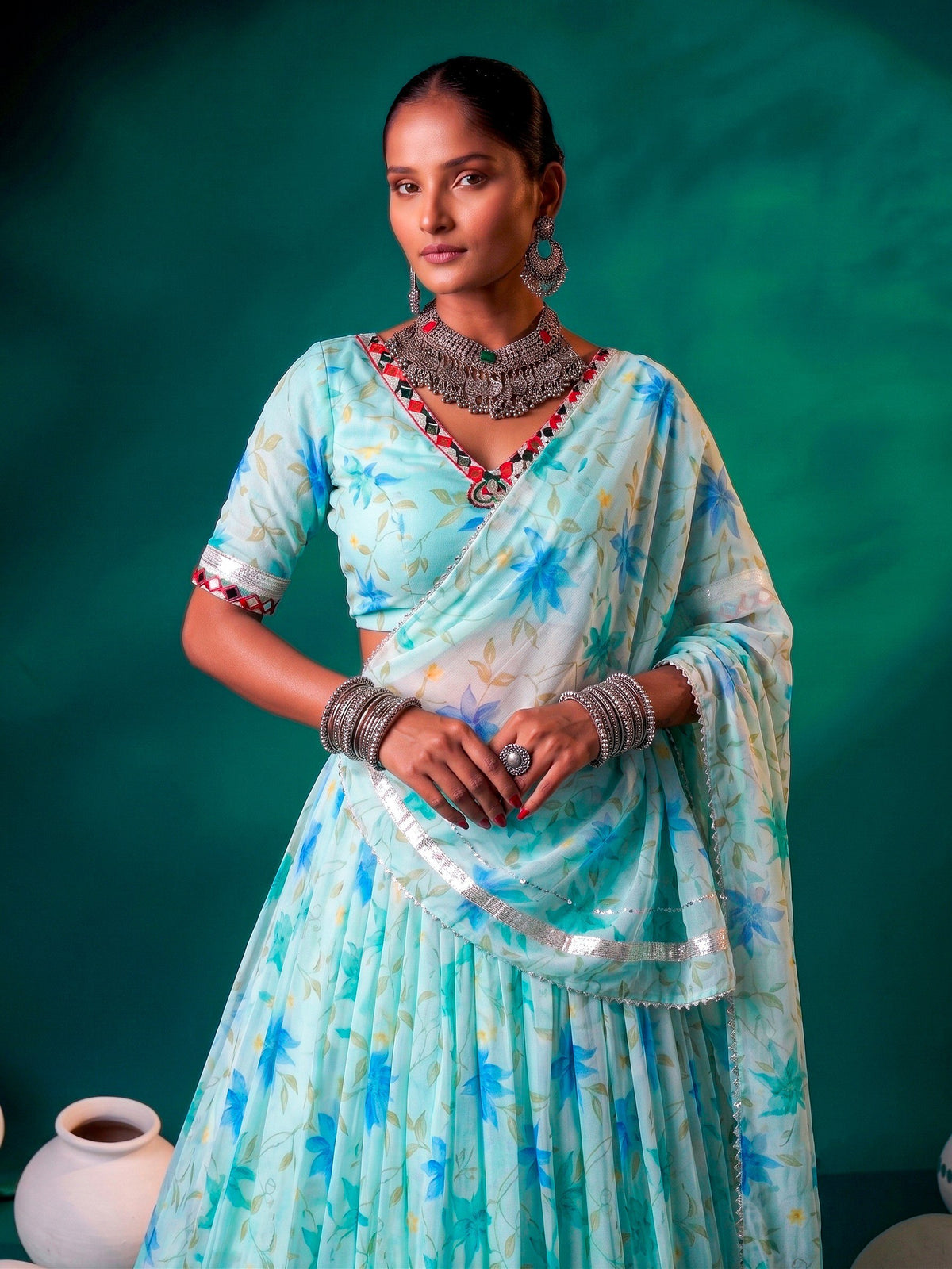 Sky Pure Tabby Silk Floral Print With Embossed Work Navratri Lehenga Choli