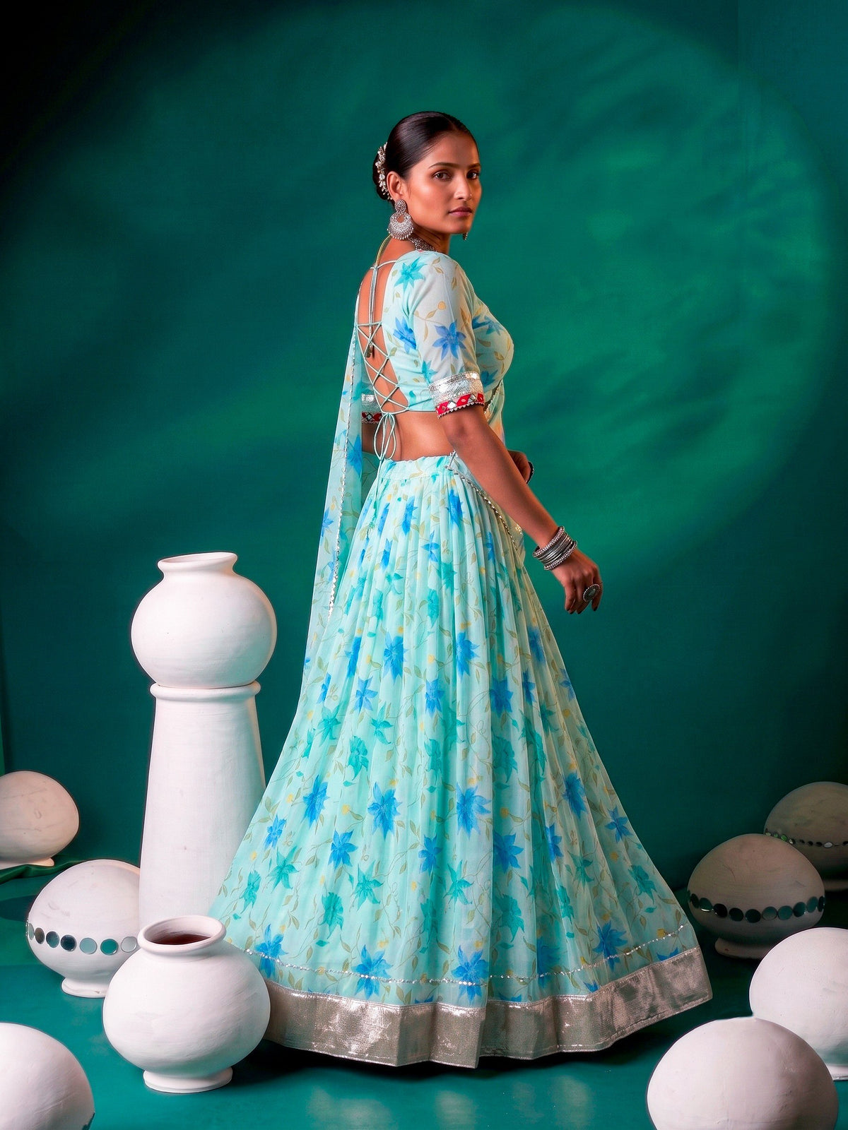 Sky Pure Tabby Silk Floral Print With Embossed Work Navratri Lehenga Choli
