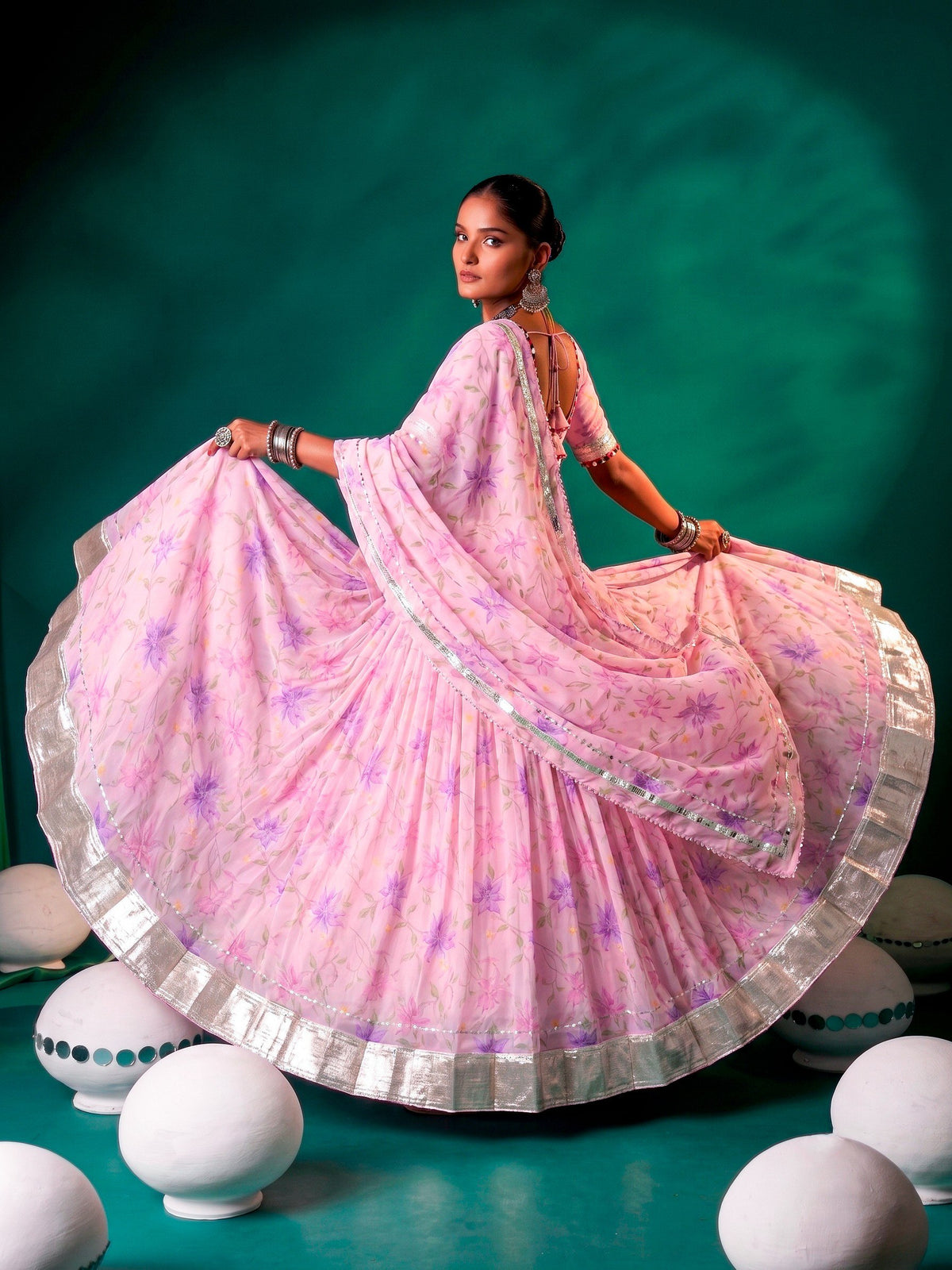 Pink Pure Tabby Silk Floral Print With Embossed Work Navratri Lehenga Choli