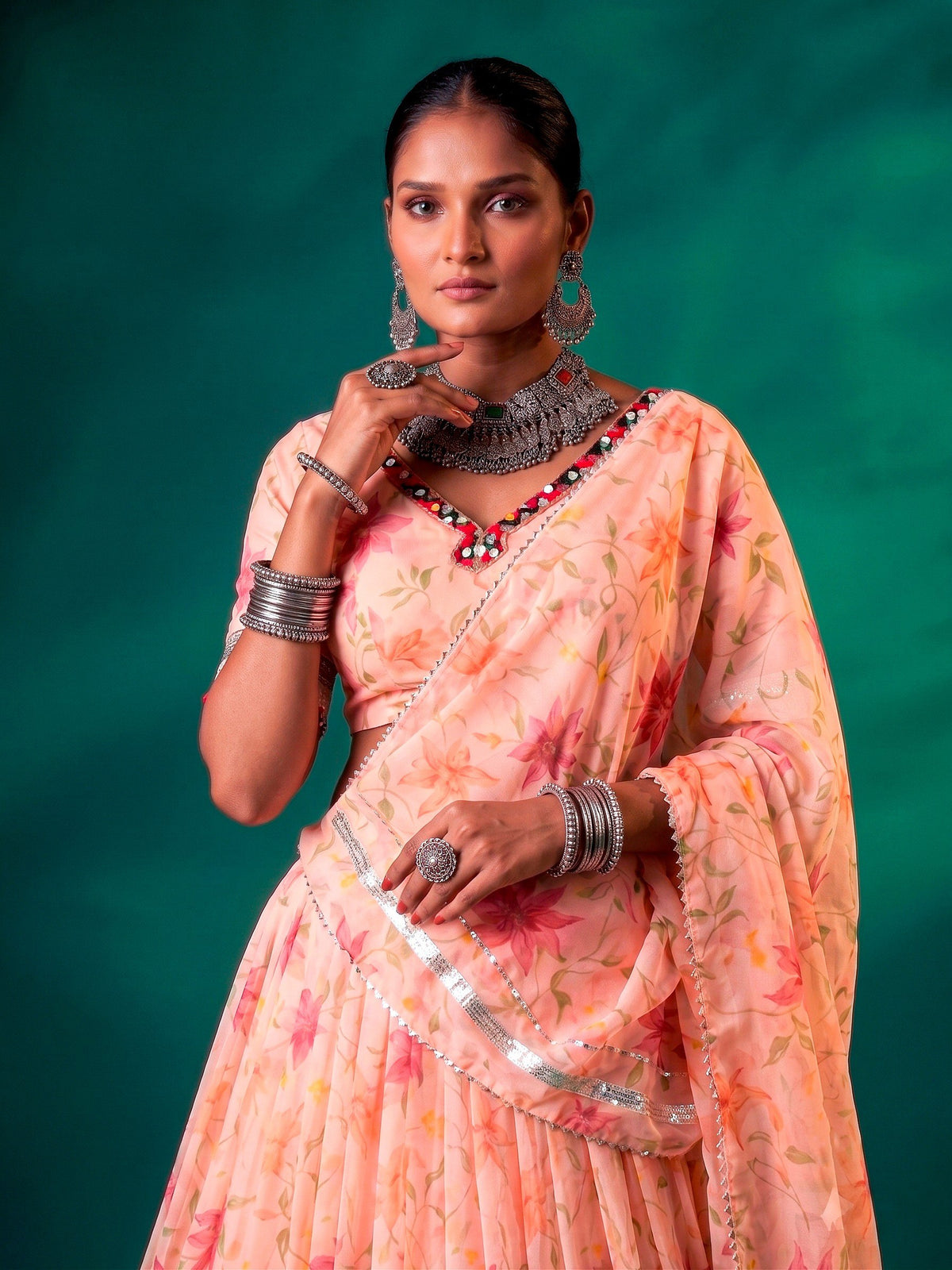 Peach Pure Tabby Silk Floral Print With Embossed Work Navratri Lehenga Choli