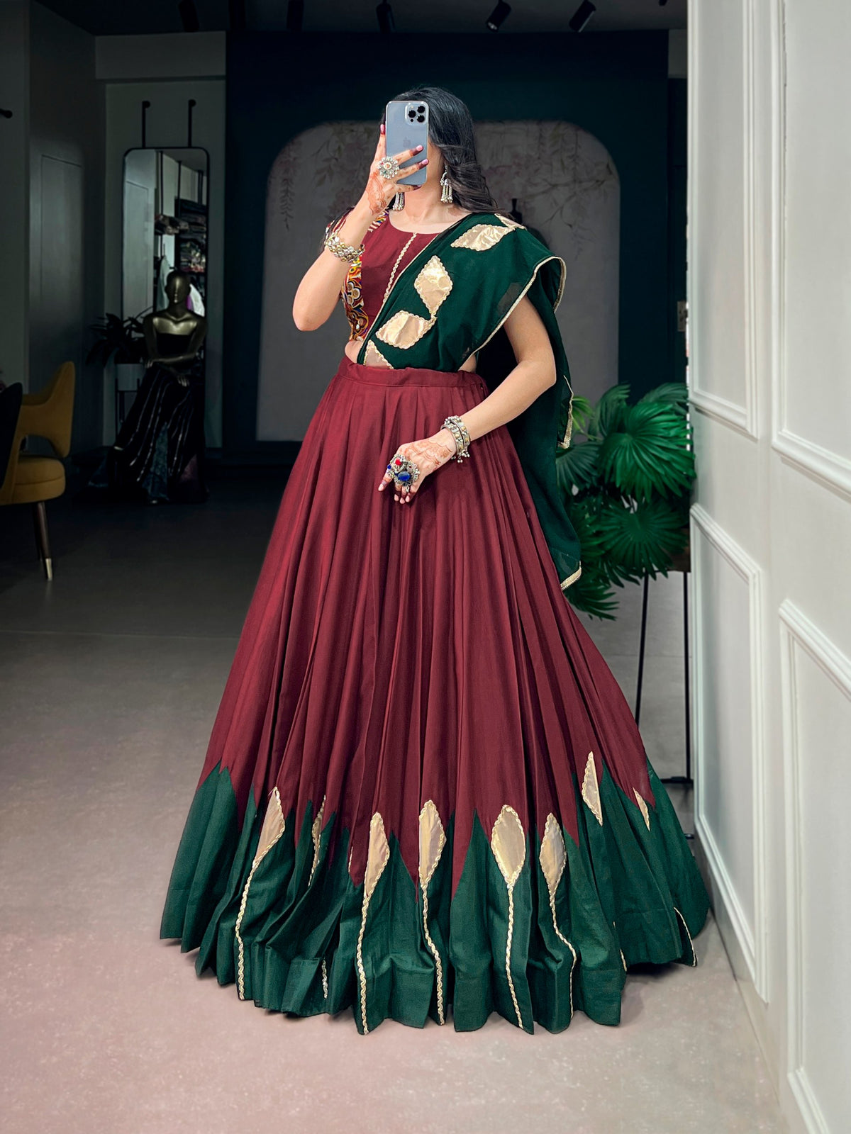 Maroon Pure Chinon Silk Gotta Patch Gamthi Work Navratri Lehenga Choli