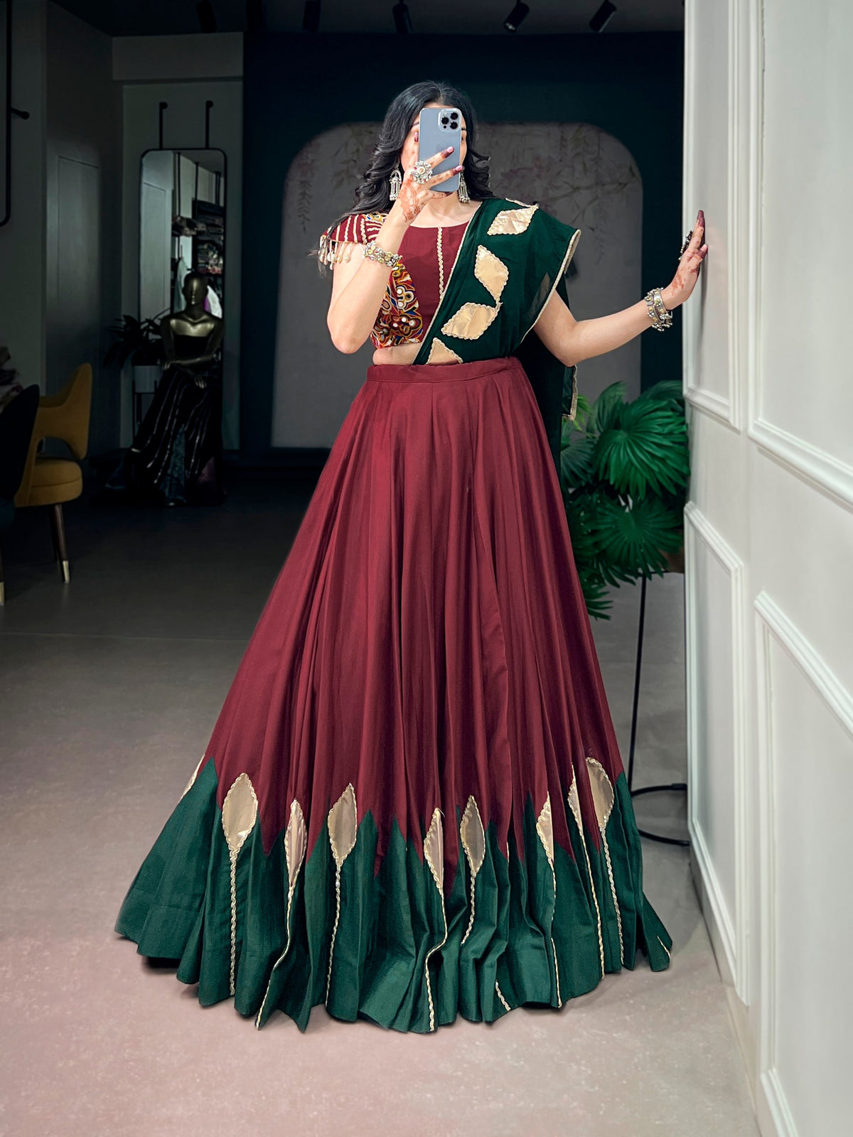 Maroon Pure Chinon Silk Gotta Patch Gamthi Work Navratri Lehenga Choli