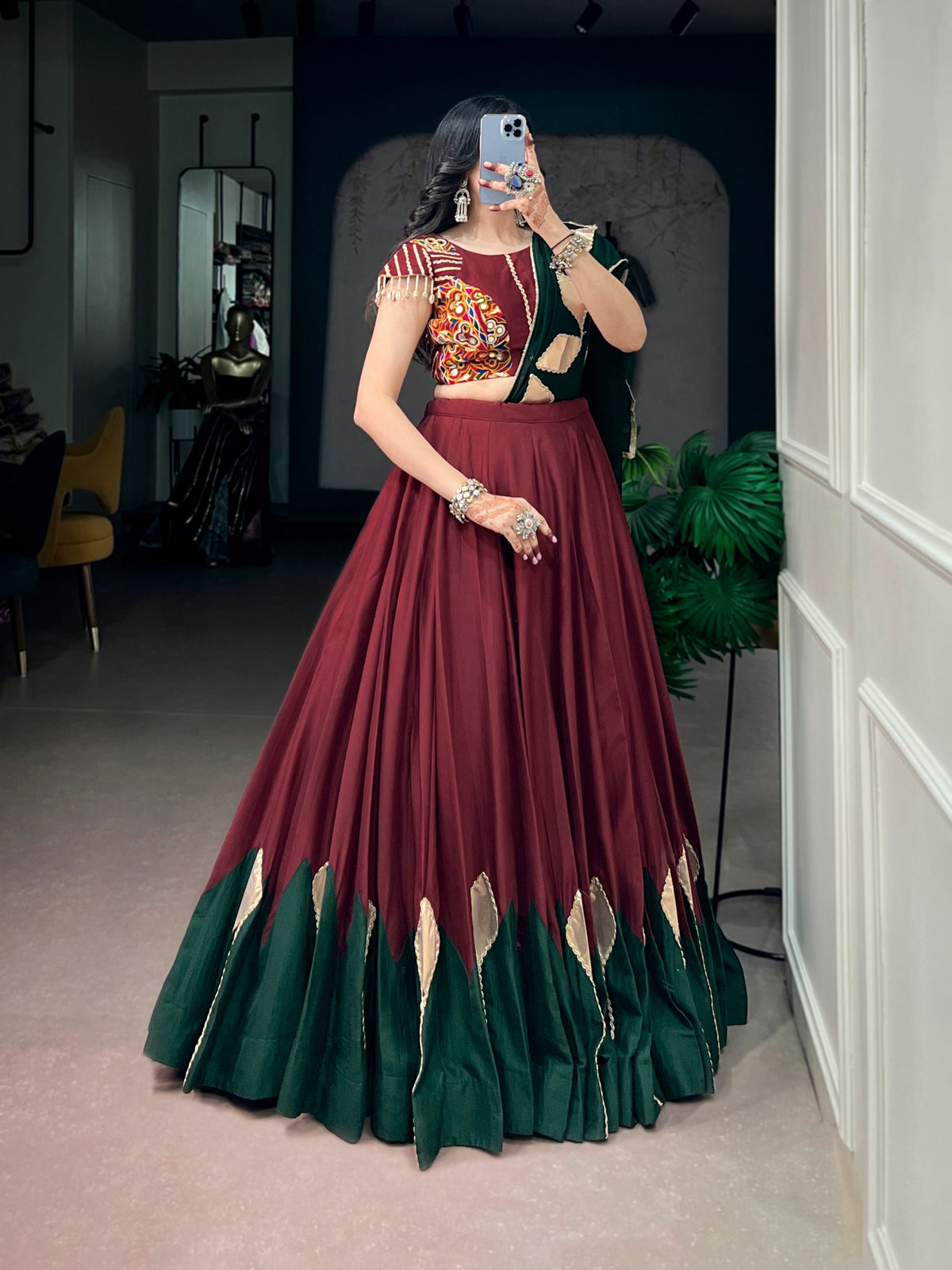 Maroon Pure Chinon Silk Gotta Patch Gamthi Work Navratri Lehenga Choli