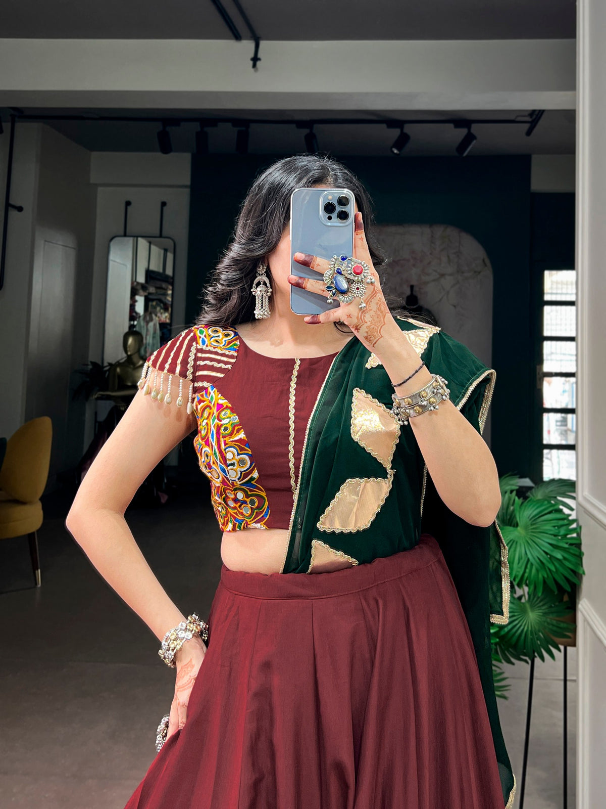 Maroon Pure Chinon Silk Gotta Patch Gamthi Work Navratri Lehenga Choli