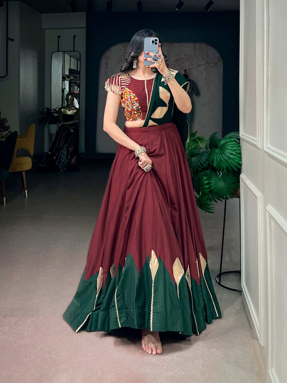 Maroon Pure Chinon Silk Gotta Patch Gamthi Work Navratri Lehenga Choli