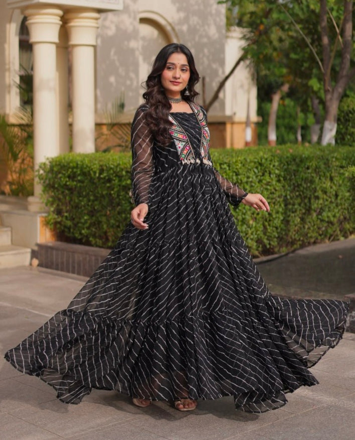 Black Pure Georgette Lahariya Print with Kutchi Patchwork Anarkali Long Gown