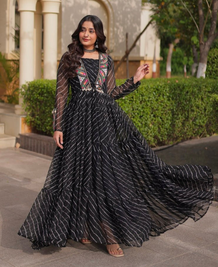 Black Pure Georgette Lahariya Print with Kutchi Patchwork Anarkali Long Gown
