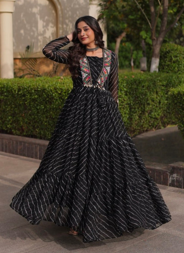 Black Pure Georgette Lahariya Print with Kutchi Patchwork Anarkali Long Gown