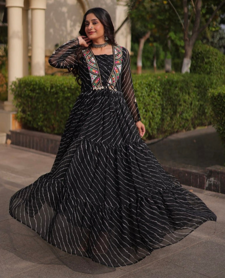 Black Pure Georgette Lahariya Print with Kutchi Patchwork Anarkali Long Gown