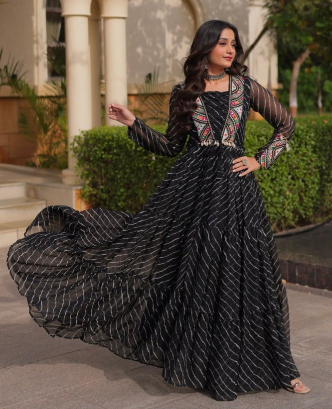 Black Pure Georgette Lahariya Print with Kutchi Patchwork Anarkali Long Gown