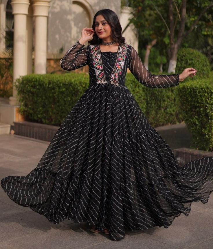 Black Pure Georgette Lahariya Print with Kutchi Patchwork Anarkali Long Gown