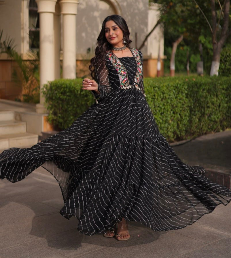Black Pure Georgette Lahariya Print with Kutchi Patchwork Anarkali Long Gown