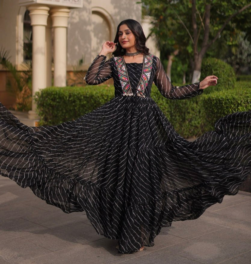 Black Pure Georgette Lahariya Print with Kutchi Patchwork Anarkali Long Gown