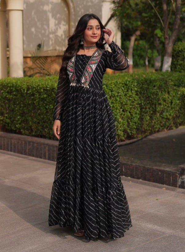 Black Pure Georgette Lahariya Print with Kutchi Patchwork Anarkali Long Gown