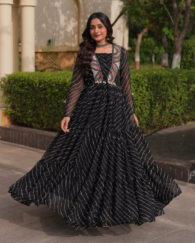 Black Pure Georgette Lahariya Print with Kutchi Patchwork Anarkali Long Gown