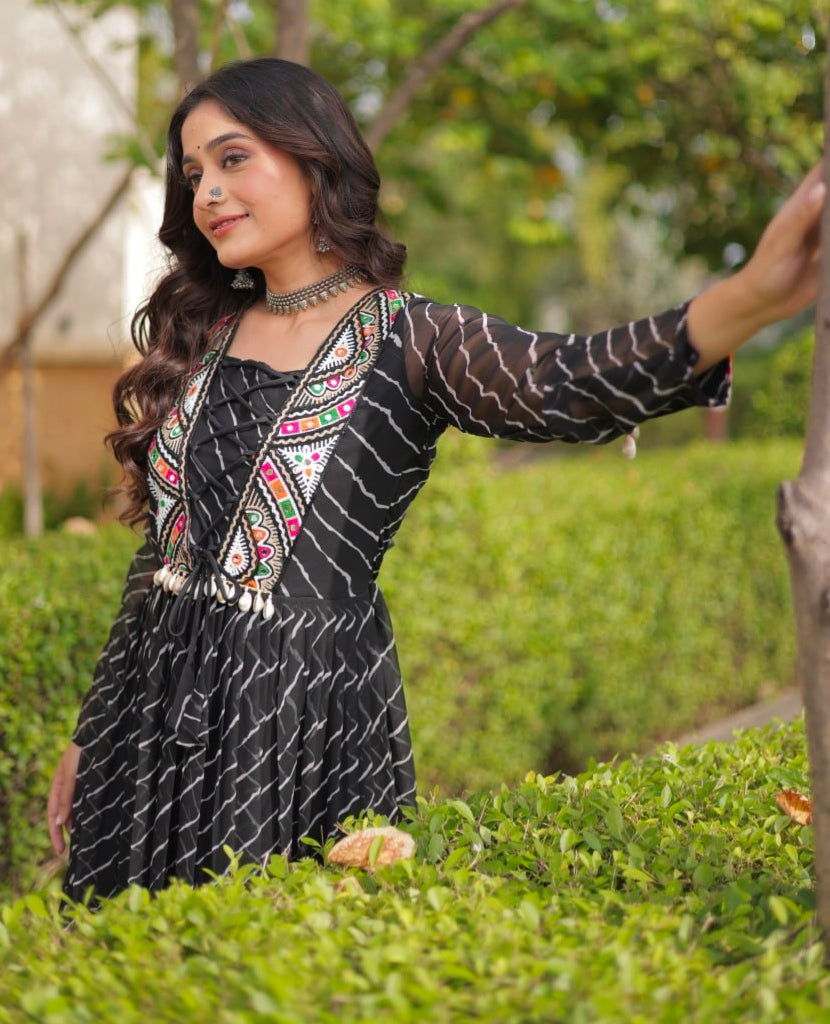 Black Pure Georgette Lahariya Print with Kutchi Patchwork Anarkali Long Gown