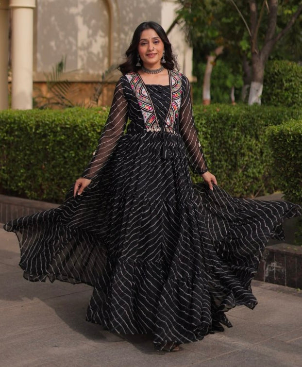 Black Pure Georgette Lahariya Print with Kutchi Patchwork Anarkali Long Gown