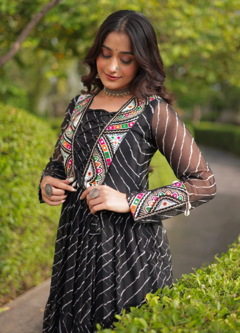 Black Pure Georgette Lahariya Print with Kutchi Patchwork Anarkali Long Gown