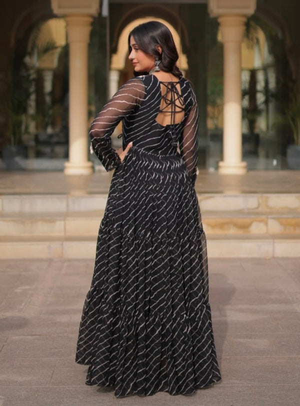 Black Pure Georgette Lahariya Print with Kutchi Patchwork Anarkali Long Gown