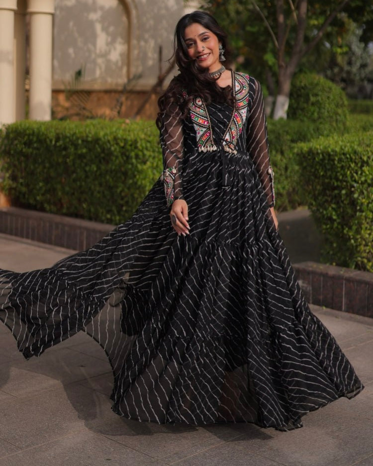 Black Pure Georgette Lahariya Print with Kutchi Patchwork Anarkali Long Gown