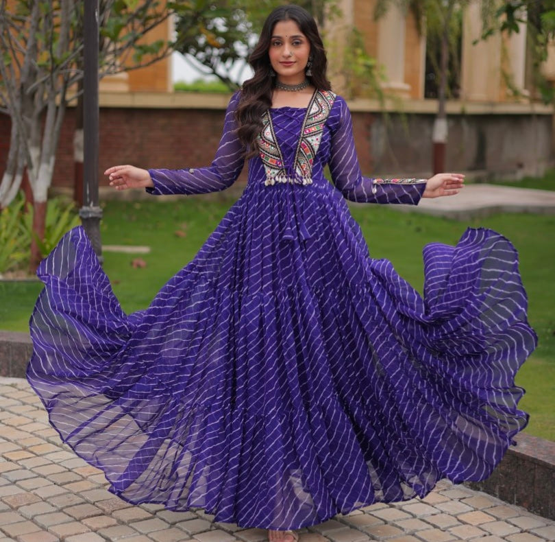 Blue Pure Georgette Lahariya Print with Kutchi Patchwork Anarkali Long Gown