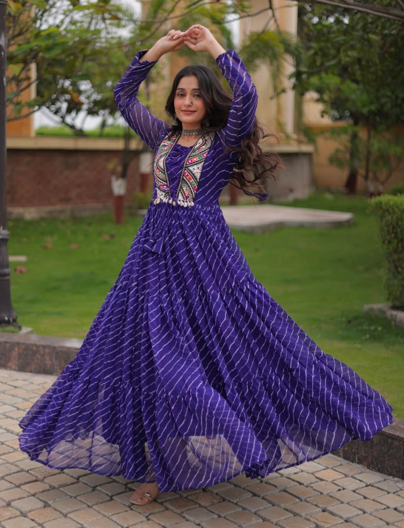 Blue Pure Georgette Lahariya Print with Kutchi Patchwork Anarkali Long Gown