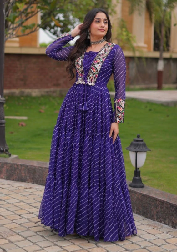 Blue Pure Georgette Lahariya Print with Kutchi Patchwork Anarkali Long Gown