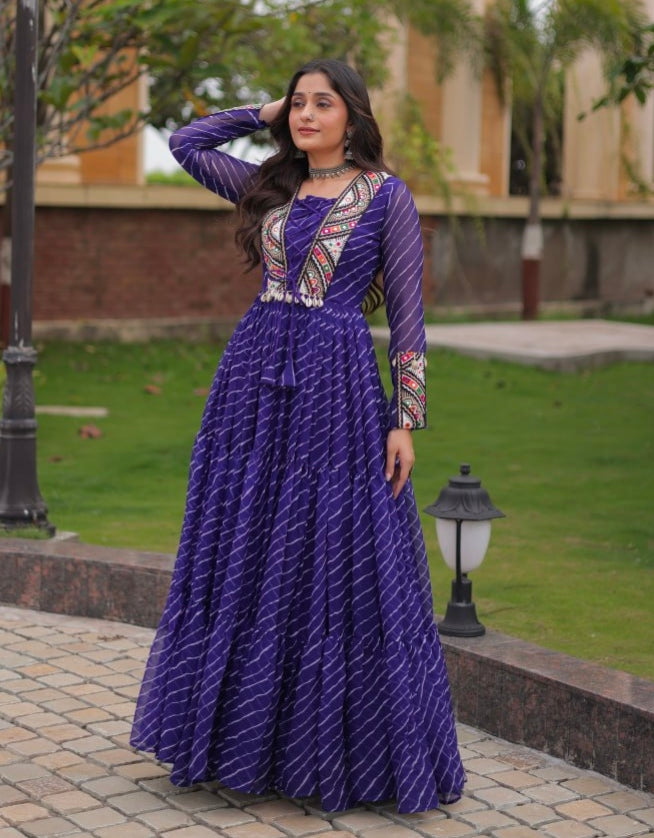 Blue Pure Georgette Lahariya Print with Kutchi Patchwork Anarkali Long Gown